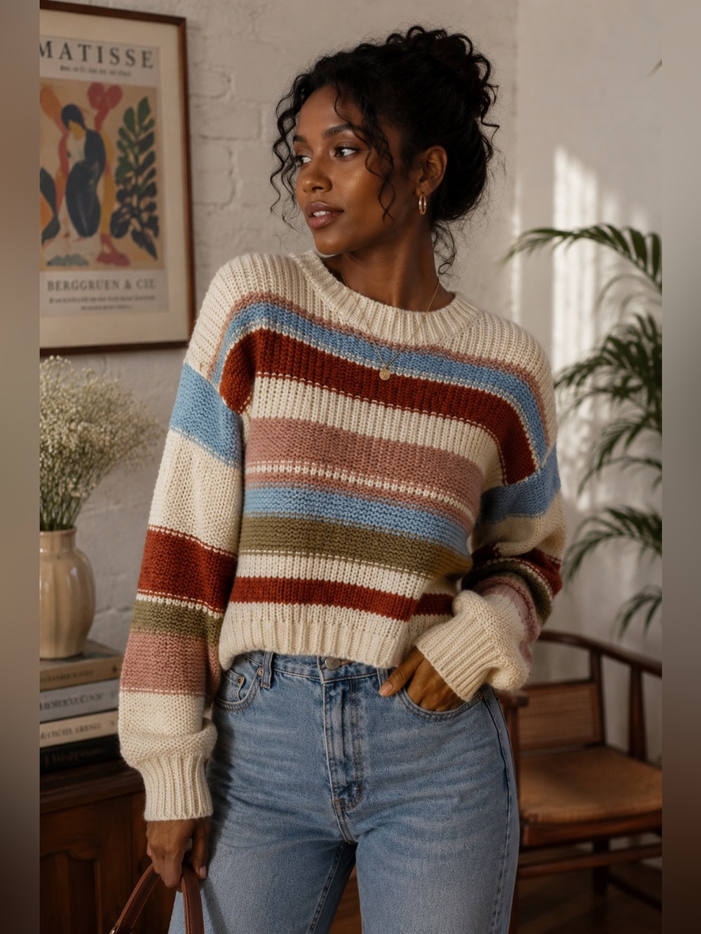 Alya Ivory Multicolor Striped Long Sleeve Crew Neck Chunky Sweater Size Small